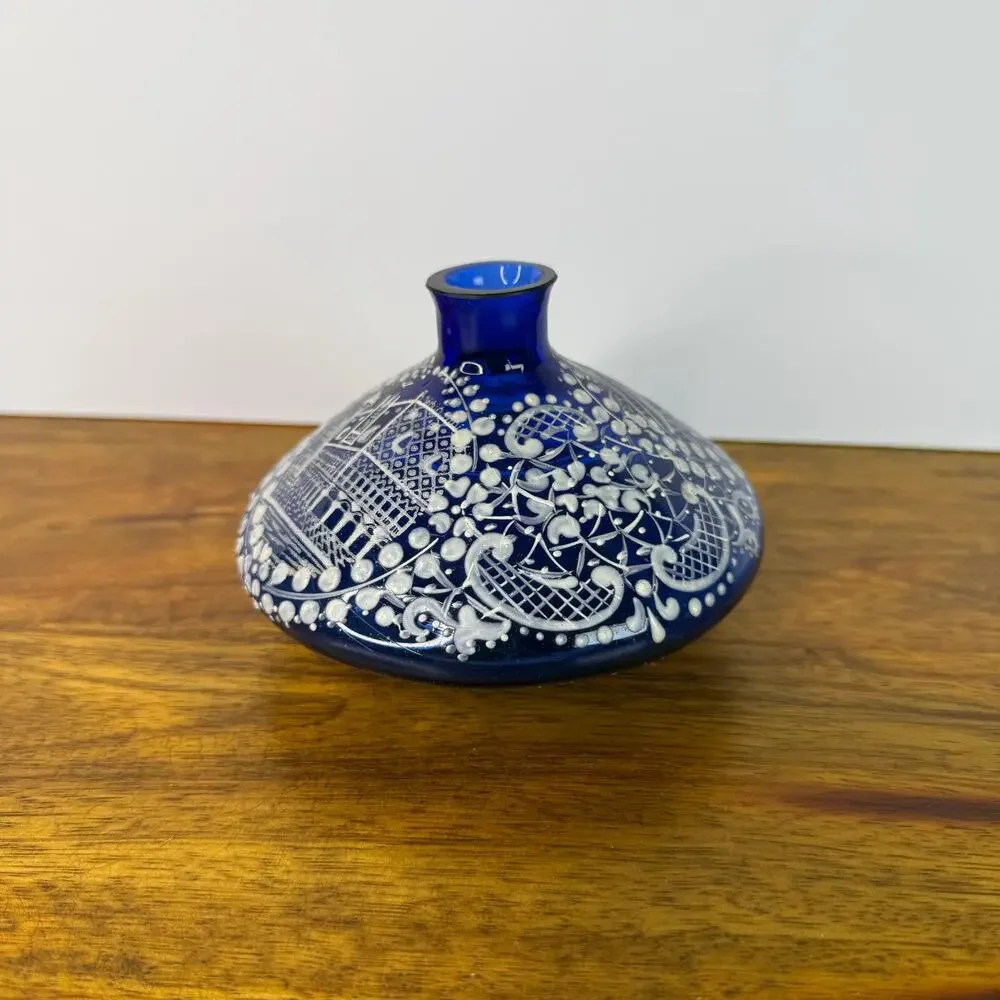 Vintage Vase Intricate Hand Painted Cobalt Blue